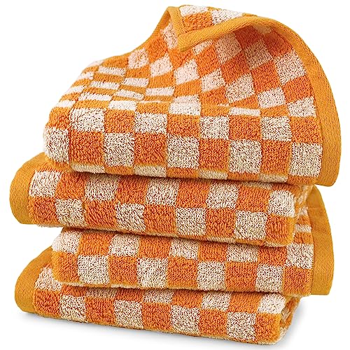 Jacquotha Checkered Hand Towels 4 Pack - Cotton Hand Towels for Kitchen Bathroom 29” x 13”, Orange - Orange