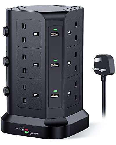 Tower Extension Lead by KOOSLA, [13A 3250W] Surge Protector - 12 AC Outlets & 6 USB Ports Multi Plug Socket Power Strip with Heavy-Duty Extension Cable 2m for Home, Office Black - 2 Meter - Black