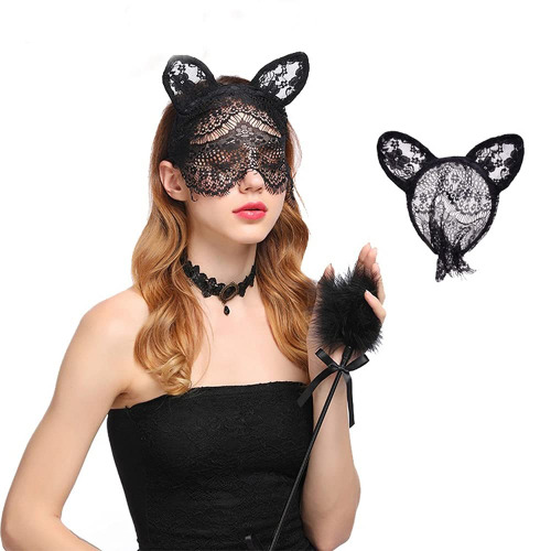 YERTTER Sexy Cat Ear Black Lace Halloween Headband with Veil Mask Headpieces Prom Birthday Party NightClub - 
