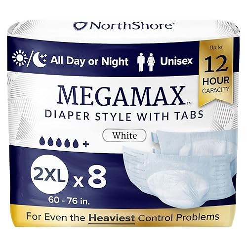 NorthShore MegaMax Adult Overnight Diapers, 12-Hour Tab-Style, 2X-Large, 8 Count Bag, White, 60-76 inches, Unisex Incontinence Underwear - White - 2X-Large (8 Count)