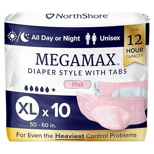 NorthShore MegaMax Adult Overnight Diapers, 12-Hour Tab-Style, X-Large, 10 Count Bag, Pink, 50-60 inches, Unisex Incontinence Underwear - Pink - X-Large (10 Count)