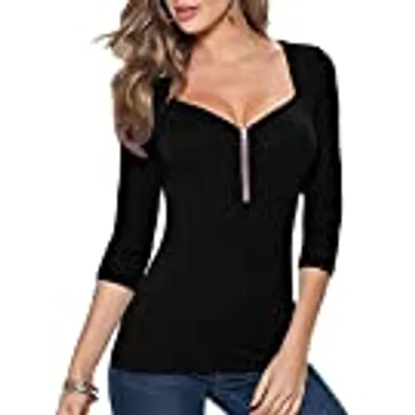 Afibi Womens Square Neck Zip Up Front Empire Waist Blouse Tees Tops