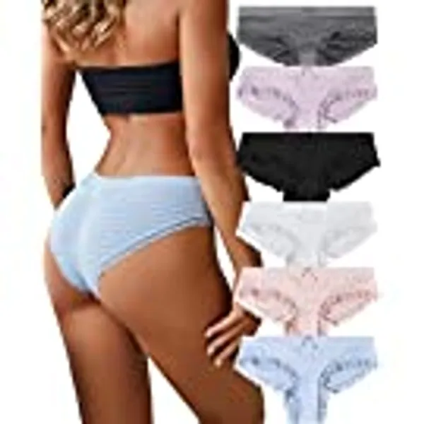 CUTE BYTE Cheeky Underwear for Women Sexy Bikini Panties Lace Stretch Seamless Low Rise Hipster Breathable Soft Stripe 6 Pack