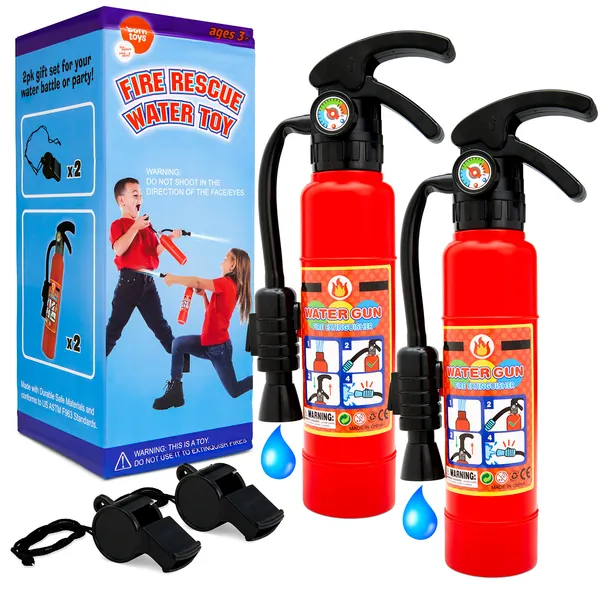 Born Toys Toy Fire Extinguisher w/ Whistles (2 pack) - Water Fire Extinguisher as Fireman Toys or Firefighter Toys - Water Shooters for Kids that shoots over 20 ft for Ages 3 & Above