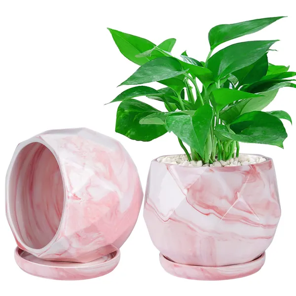 SQOWL 6 inch Marble Ceramic Succulent Planter Pots Modern Round Geometric Plant Pots Small Pink Flower Pots with Saucer and Drainage Hole Indoor Set of 2