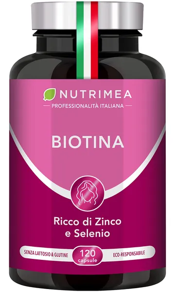 Biotina Nutrimea | Capelli, Unghie e Pelle | Zinco Selenio Vitamina B7 | Acceleratore Crescita Capelli | Luminosità Della Pelle | 900% VNR | Trattamento 4 Mesi
