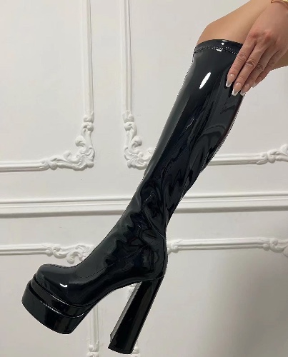 Stivale Donna Alto Scarpa Vernice Platò Tacco Quadrato Cerniera Casual Sensuale | Nero / 35