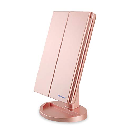 WEILY Espejo Maquillaje, Espejo Cosmético,Luz Ajustable con LED, con la ampliación 1X/2X/3X, Rotación Ajustable de 180 °, Fuente de alimentación Doble, Espejo cosmético encimera (Oro Rosa) - Oro Rosa