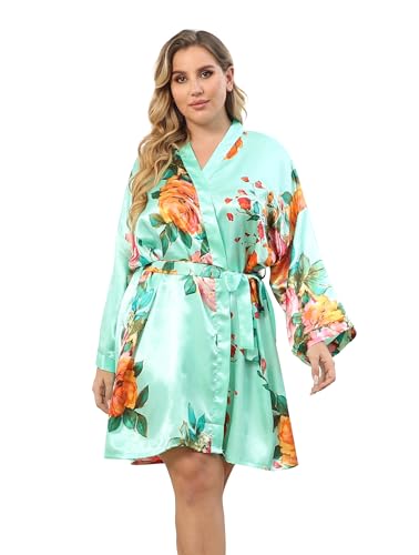 PENGEE Women's Plus Size Floral Kimono Robe Cover up Short Satin Bathrobe Bridesmaid Party Dressing Gown - 3X-Large-4X-Large Plus - Green
