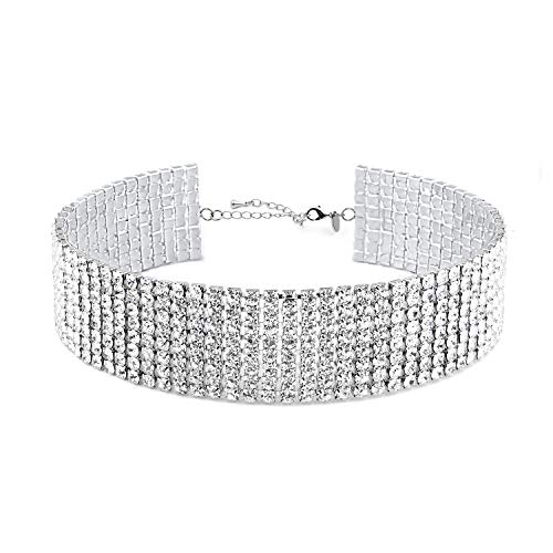 Zealmer Rhinestone Choker Necklaces Silver Sparkling Diamond Choker Crystal Rhinestone Glitter Necklace Gold Plated Jewelry Gifts for Women Bridal Wedding Bridesmaid - 8 Row Silver