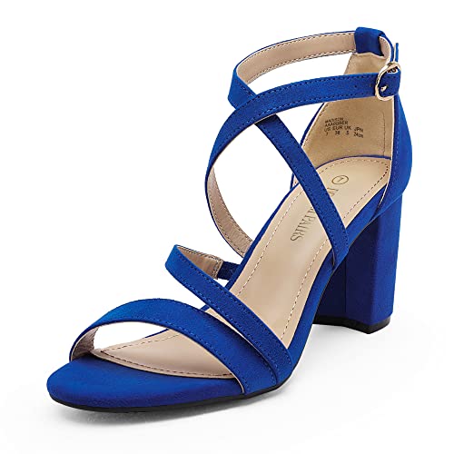 DREAM PAIRS Women’s Ankle Strap Dress Pump Low Chunky Heel Sandals - 11 - Royal/Blue/Suede