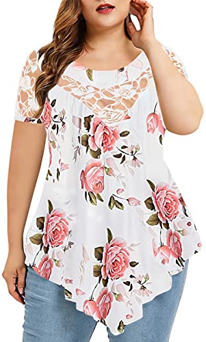 Chvity Womens Plus Size Tops O-Neck Asymmetric Short Sleeve Tunics Lace Blouse Shirts for Summer Casual S-5X - White#flroal - 3X