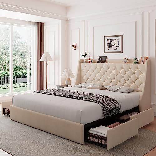 Feonase Upholstered Queen Bed Frame with 4 Storage Drawers, Charging Station and Tufted Wingback Storage Headboard, No Box Spring Needed, Easy Assembly, Beige - Beige - Queen