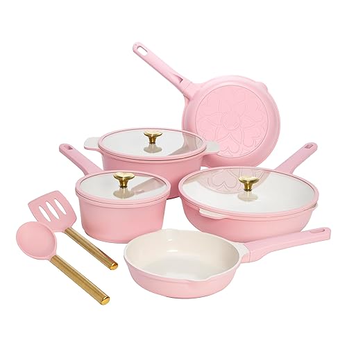 Paris Hilton Ceramic Nonstick Cookware Set, Cast Aluminum with Dual Layer Nonstick Coating, Gold Heart Knobs, Stay-Cool Handles, Made without PFAS, PFOA, PFOS & PTFE, Dishwasher Safe, 10-Piece, Pink - 10-Piece - Pink
