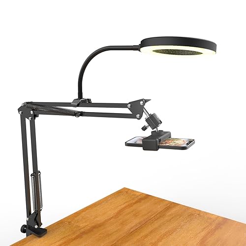 Overhead Camera Mount with Ring Light, Flexible Articulating Phone Arm Stand Compatible with iPhone, Logitech Webcam, Desk Tripod for YouTube Live Stream Cooking Nail Video Recording - Black