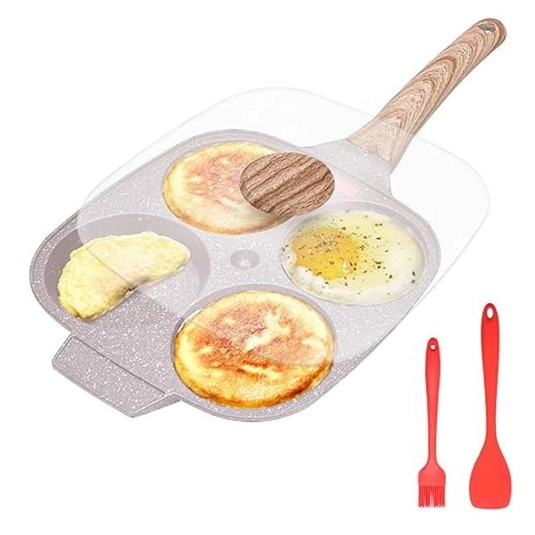 Bobikuke Egg Pan, Egg Frying Pan with Lid Nonstick 4 Cups Pancake Pan Fried Egg Pan for Breakfast, Gas Stove & Induction Compatible (White)