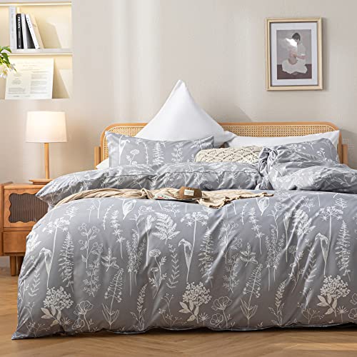 JANZAA 3PCS Comforter Set Floral Comforter Set Bedding Set White Flower Printing on Grey Comforter with 2 Pillow Cases for All Season Using(Queen) - Queen - Grey