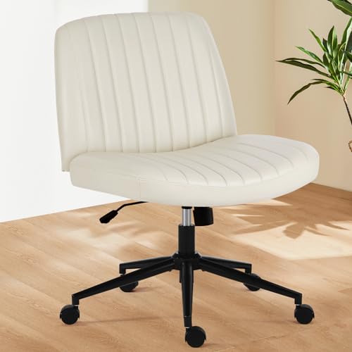 Sweetcrispy Criss Cross Office Chair with Wheels, Wide Armless Home Office Desk Chair with Dual-Purpose Base, Swivel Adjustable Leather Task Vanity Computer Chair, Cream - Cream - with wheels