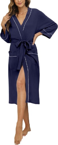 HEARTNICE Womens Robe, Soft Kimono Spa Knit Bathrobe Lightweight Long Blended Cotton Loungewear - XX-Large Navy
