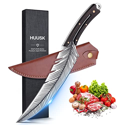 Huusk Japan Knife Feather Knife Hand Forged Viking Knife High Carbon Steel Butcher Knife Boning knife for Meat Cutting Japanese Chef Knives Cooking Knife with Sheath for Kitchen Camping Gift for Dad - Feather Knife