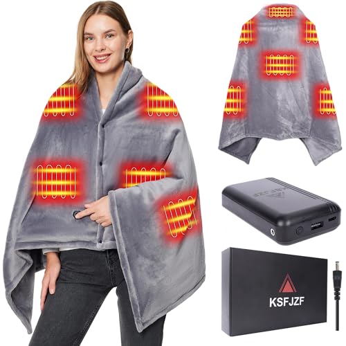 KSFJZF Heated Blanket with Power Bank, 59" x 32" Cozy Soft Cordless Heated Blanket Throw, Portable Battery Operated Heated Blanket Shawl with 8 Fast Heating Zones, 3 Heating Levels (Grey-1) - GREY-1