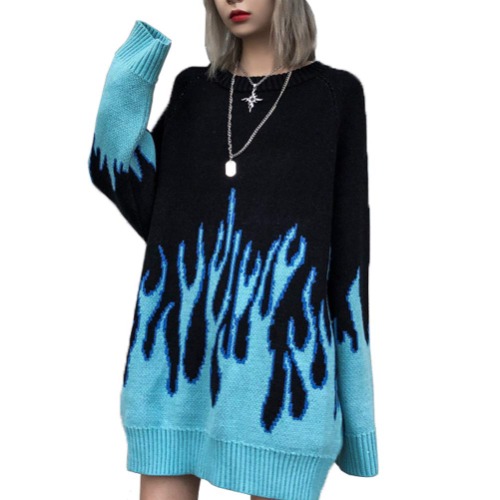 Women Sweater Long Sleeve Flame Bat Sleeve Jumper Oversized Casual Knitting Pullover Tops - One Size Blue