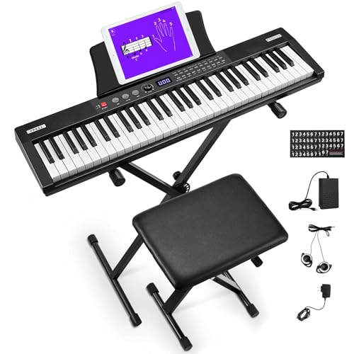 Fesley X Electric Piano Keyboard with Pedal: Portable 61 Full Size Key Digital Piano with 128 Tone, Support Bluetooth, MIDI, Gift with Piano Bench, Stand, Stickers, Headphones for Beginners（FPK61） - Black
