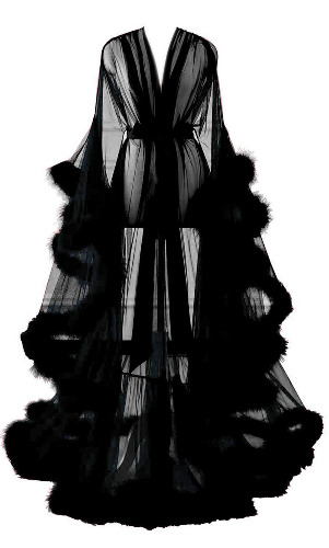 Changuan Sexy Feather Robe Long Fur Tulle Maternity Photoshoot Bridal Robe Lingerie Sleepwear - Large-X-Large Black