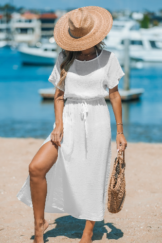 White Round Neck Short Sleeve Maxi Cover-Up