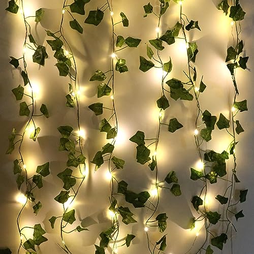 1 Stück LED Lichterkette Efeu Künstlich,Lichterkette mit Blättern,5M Fake Efeu Girlande mit 50 LED-Licht Batterie mit Timing-Funktion,Efeugirlande Lichterkette Innen,Grüne Blatt Efeuranke Lichterkette - 5m50LED