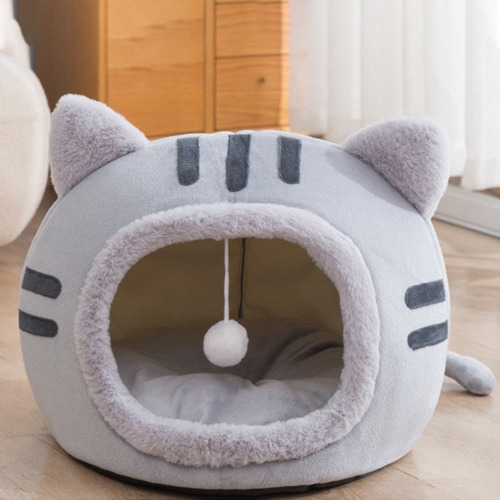 Adorable Plush Cat Head Pet House - Gray