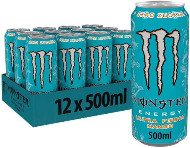 Monster Energy Ultra Fiesta - koffeinhaltiger Energy Drink mit leichtem Mango-Geschmack - ohne Zucker und ohne Kalorien - in praktischen Einweg Dosen (12 x 500 ml)