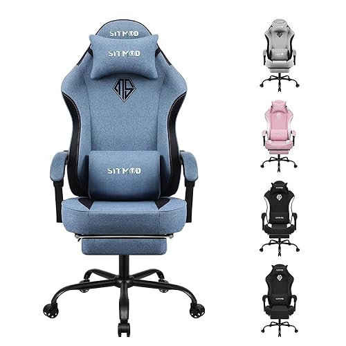 SITMOD Gaming Chairs for Adults with Footrest-Computer Ergonomic Video Game Chair-Backrest and Seat Height Adjustable Swivel Task Chair with Headrest and Lumbar Support(Blue)-Fabric