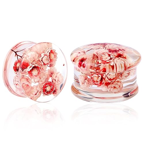Jewseen 2Pcs Flower Ear Gauges Plugs Gauge 2g to 1'' Resin Tunnels Real flower plugs Real Plant Organic Gauges Resin Flower Gauges Resin Plugs - 1/2''=12.7mm
