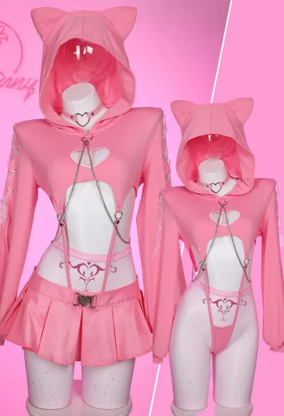 Valentine's Day Kawaii Cat Sexy Lingerie Set Pink Heart Cutout Hoodie and Skirt with Thong Pantyhose
