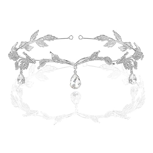BABEYOND Elegant Rhinestone Leaf Wedding Bridal Bridesmaid Forehead Band Dangle Rhinestone Bridal Tiara Crown with Gift Box , Silver, One size - Silver