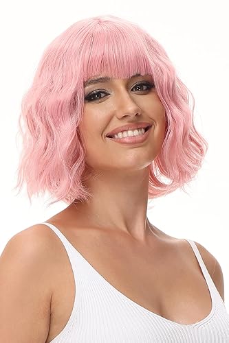Rose bud Wavy Bob Wig with Bangs Natural Pink Wig Synthetic Hair Shoulder Length Short Curly Wigs for Women - 12 Inch - 2-7 #Pink