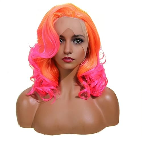 Wiginway Orange Pink Synthetic Lace Front Wig With Side Parting 14 Inch Drag Queen Wavy Wig Ombre Short Bob Wigs For Black Women - Orange Pink