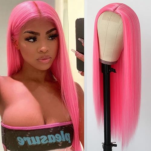 QD-Tizer Pink Synthetic Hair Wigs Natural Red Pink Mixed Long Straight Hair Heat Resistant Synthetic Wigs for Fashion Women - #Pastel pink