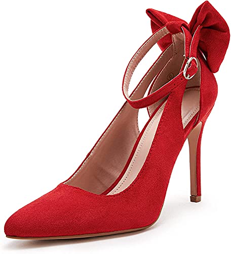 PiePieBuy Women's Pointed Toe High Heels Ankle Strap D'Orsay Pumps Shoes Bow Wedding Bowtie Back Dress Sandals - 10 - Red