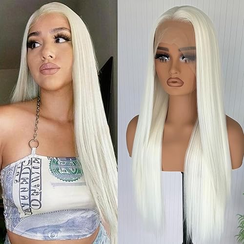 GJRainDY Platinum Blonde Hair Synthetic Lace Front Wigs 13x4 Glueless HD Lace Wigs Platinum White Natural Hairline Pre-Plucked Long Straight Wigs for Black Women - Platinum White