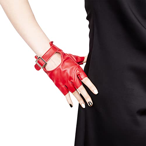 JISEN Women Heart Cutout Punk Half Finger PU Leather Performance Gloves - C-red
