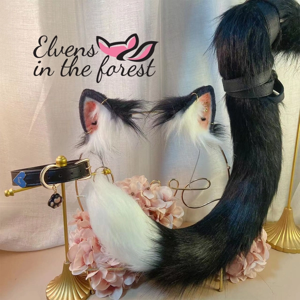 Black Cat Tail Kitten Ears and Collars - COSPLAY - Butt Plug - Handmade Animal Ears - Fox Ears Tail - Christmas Gift - Lolita - Butt Plug