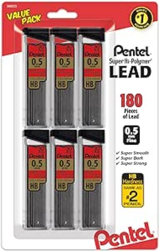 Pentel Super Hi-Polymer Refills, 0.5 mm Fine, HB, 180 Pieces of Lead (C25BPHB6) - 0.5 mm 6 Pack / 180 Pieces