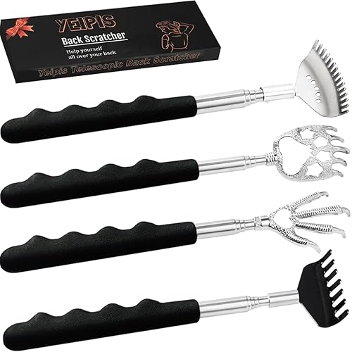 Yeipis 4Pcs Different Back Scratcher Extendable Back Massager Tool with Rubber Handles, Metal Portable Telescoping Back Scratcher, Stocking Stuffers for Men Women Kids Adults (Black) - Black