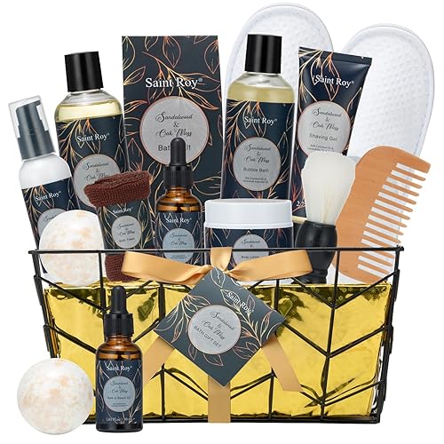 Spa Gift Basket for Men, Body Wash Men, 13pcs Sandalwood & Oak Moss Bath and Beard Kit for Men with Shower Gel, Body Lotion, Bubble Bath, Beard Brush, Bread Comb Spa Kits for Man dad Fathers Day - Sandalwood & Oak Moss 13pcs