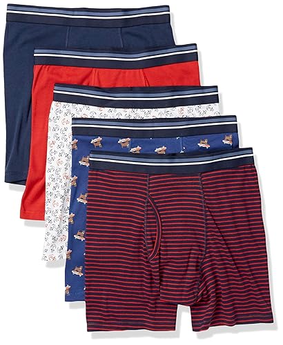 Amazon Essentials Men's Comfortable Cotton Tag-Free Boxer Brief, Pack of 5 - XX-Large - Anchor/Dog Print/Mini Stripe