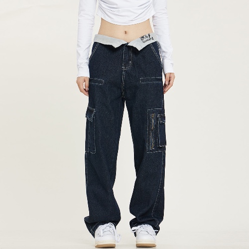 RTK (W) No. 1030 ZIPPER STRAIGHT DRAPE CARGO JEANS | S / NAVY BLUE