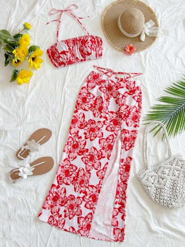 SHEIN WYWH Conjunto de top corto con nudo delantero y falda maxi con abertura alta, ambos en estampado floral rosado, ideal para vacaciones
