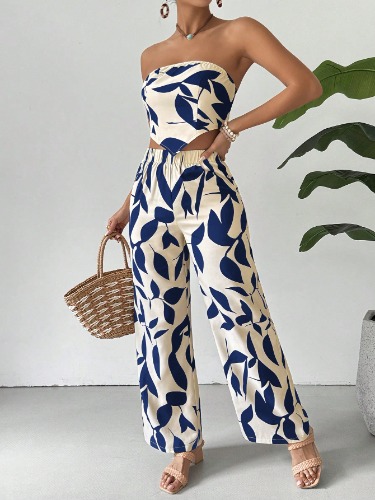 SHEIN Holidaya Conjunto casual de dos piezas para mujer con top tubo estampado de plantas y pantalones con dobladillo asimétrico para vacaciones